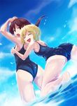  ass barefoot erica_hartmann gertrud_barkhorn kawa_akira multiple_girls one-piece_swimsuit school_swimsuit strike_witches swimsuit world_witches_series 