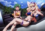  :d absurdres ahoge arm_behind_head bandeau bikini blonde_hair blue_eyes bracelet breasts choker cloud cockpit crossed_legs day detexted eyewear_on_head green_hair highres jewelry leg_garter legs long_hair looking_at_viewer macross macross_frontier medium_breasts multiple_girls navel official_art ogura_noriko open_mouth ranka_lee red_eyes scan sheryl_nome short_hair sitting sky smile strapless sunglasses swimsuit third-party_edit tree tubetop 