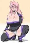  bad_id bad_pixiv_id breasts cleavage collar cosplay fate/stay_night fate_(series) glasses hisakawa_riho huge_breasts long_hair lucky_star panties pink_hair plump purple_eyes rider rider_(cosplay) solo takara_miyuki thighhighs underwear 