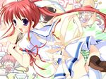  amagasaki_mikoto apron ass bowl non-web_source panties pantyshot ponytail purple_eyes red_hair school_uniform solo striped striped_panties thighhighs tsuki_wa_higashi_ni_hi_wa_nishi_ni underwear 