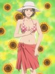  :d bikini blush breasts brown_eyes brown_hair cleavage flower hat highres looking_at_viewer medium_breasts navel noda_megumi nodame_cantabile non-web_source open_mouth screencap short_hair smile solo standing sunflower swimsuit white_hat 