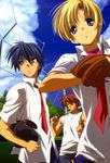  absurdres baseball_bat baseball_mitt blonde_hair blue_eyes blue_hair cigarette clannad furukawa_akio highres hikarizaka_private_high_school_uniform ikeda_kazumi male_focus multiple_boys necktie non-web_source official_art okazaki_tomoya red_hair school_uniform short_hair smoking sunohara_youhei yellow_eyes 