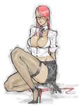  breasts capcom cleavage crimson_viper glasses hair_down high_heels kyuraa_(kyura9een) large_breasts miniskirt necktie open_clothes open_shirt pencil_skirt shirt shoes skirt solo squatting street_fighter street_fighter_iv_(series) teacher thighhighs 