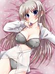  bad_id bad_pixiv_id black_panties blue_eyes blush bra breasts cleavage large_breasts lingerie long_hair looking_at_viewer lying open_clothes open_shirt original panties paopao see-through shirt silver_hair solo thigh_gap underwear 