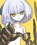  ame_no_hi bangs blunt_bangs collarbone convenient_censoring copyright_request gauntlets head_tilt looking_at_viewer nude short_hair simple_background solo white_hair yellow_background yellow_eyes 