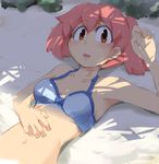  :o arm_up armpits bad_id bad_pixiv_id bangs beach bikini blue_bikini blush bow bow_bikini breasts day hand_on_own_stomach hinata_natsumi keroro_gunsou looking_at_viewer lying navel obomugera on_back on_ground open_mouth orange_eyes outdoors pink_hair shade short_hair short_twintails sketch small_breasts solo swimsuit twintails upper_body 