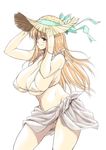  bikini blonde_hair blue_eyes breasts curvy erect_sawaru glasses hat huge_breasts long_hair original smile solo swimsuit 