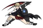  angry blonde_hair blush fighting_stance fire glowing green_eyes legs maka_albarn necktie oboro_(squeeze) open_mouth panties pantyshot pink_panties plaid plaid_skirt pleated_skirt school_uniform scythe shadow simple_background skirt solo soul soul_eater soul_eater_(character) spread_legs strap striped sweater_vest torn_clothes trench_coat twintails underwear 