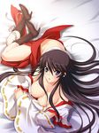  bed black_hair blush boots breast_hold breasts cleavage hakama japanese_clothes jpeg_artifacts kinmedai_pink large_breasts long_hair lying miko nipples no_bra oharai_onee-san! on_side open_mouth purple_eyes red_hakama shinonome_otoka solo undressing very_long_hair 