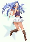  bangs blue_hair blunt_bangs boots headband kannagi long_hair nagi nigou one_eye_closed panties pantyshot pink_panties pleated_skirt purple_eyes skirt solo underwear wand white_skirt 