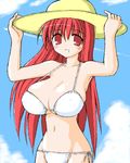  bikini breasts copyright_request hat huge_breasts long_hair lowres miyata_gakuman red_eyes red_hair solo source_request swimsuit 