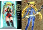  bardiche blonde_hair bodysuit character_request cosplay cyclone fate_testarossa long_hair lyrical_nanoha mahou_shoujo_lyrical_nanoha_strikers numbers'_uniform thighhighs 