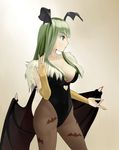  animal_print bad_id bad_pixiv_id bat_print breasts cleavage derivative_work elbow_gloves gloves green_hair head_wings highres large_breasts long_hair mimizou morrigan_aensland pantyhose photo-referenced print_legwear solo vampire_(game) wings 