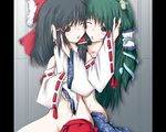  black_hair bow detached_sleeves green_hair hair_ribbon hakurei_reimu hug kiss kochiya_sanae long_hair multiple_girls natsume_riu nude ribbon saliva saliva_trail short_hair touhou yuri 