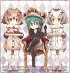  3girls bird_tail bird_wings black_hair blonde_hair blue_eyes blush brown_hair coat commentary_request crown elbow_gloves eurasian_eagle_owl_(kemono_friends) eyebrows_visible_through_hair food full_body fur_collar gloves green_hair grey_hair hand_on_own_knee hand_up hat_feather head_wings helmet highres jacket kaban_(kemono_friends) kemono_friends kolshica legs_crossed legwear_under_shorts long_sleeves multicolored_hair multiple_girls no_shoes northern_white-faced_owl_(kemono_friends) owl_ears pantyhose pith_helmet short_hair short_sleeves shorts sitting spoilers standing throne tray wings yellow_eyes 