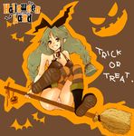  ass bad_id bad_pixiv_id boots braid broom broom_riding brown_background chako_nejio copyright_request green_hair hair_ribbon halloween long_hair panties pantyshot ribbon sidesaddle solo striped striped_legwear striped_panties thighhighs trick_or_treat twin_braids underwear 