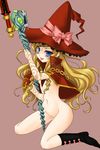  blonde_hair blue_eyes blush boots bottomless bow doctor_magus hat long_hair mizuna_(water_emp-tei) nude pink_bow ribbon sekaiju_no_meikyuu solo witch_hat 