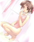  artist_request barefoot bath brown_eyes brown_hair copyright_request flat_chest one-piece_swimsuit ponytail ribbon scared showering solo squatting swimsuit wet 