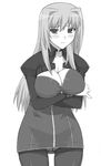  blush breast_hold breasts cleavage crossed_arms crotch_seam greyscale large_breasts lisa_vixen long_hair monochrome panties panties_under_pantyhose pantyhose pantyshot routes shichimenchou solo thighband_pantyhose underwear 