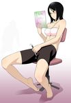  1girl bandeau bare_shoulders barefoot bike_shorts black_eyes black_hair blush book chair crotch_rub duplicate feet female_pervert fujiyoshi_harumi fujoshi glasses masturbation midriff montesq non-web_source pen pervert sayonara_zetsubou_sensei shadow short_hair sitting strapless sweat translated tubetop usui_kagerou when_you_see_it 