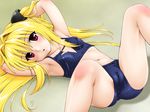  armpits arms_up blonde_hair breasts cameltoe covered_nipples fuji_shinobu konjiki_no_yami long_hair lying midriff navel on_back red_eyes small_breasts solo to_love-ru 