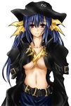  belt blue_hair bow breasts buckle coat cosplay dizzy guilty_gear hair_bow hamu_(moeyobaka) hat johnny_sfondi johnny_sfondi_(cosplay) long_hair md5_mismatch medium_breasts midriff navel no_bra open_clothes open_coat open_shirt purple_eyes shirt simple_background smile solo underboob 