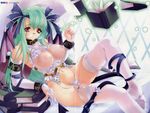  absurdres belt book breasts collar covered_nipples demon_girl elbow_gloves garter_belt gloves green_hair highres large_breasts legs lingerie miwa_yoshikazu nipples original panties ribbon see-through solo tail thighhighs underwear white_panties wings 