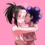  1boy 1girl black_hair blush boku_no_hero_academia breast_grab breasts dark_skin dark_skinned_male grabbing highres hug karmaniac medium_breasts mineta_minoru nipples nude pink_background ponytail purple_hair saliva simple_background tongue tongue_out yaoyorozu_momo 