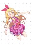  1girl :d aikatsu! aikatsu!_(series) blonde_hair blush bow commentary_request dutch_angle frills full_body hair_bow hairband heart hoshimiya_ichigo idol kuroboshi_kouhaku legs_up long_hair looking_at_viewer necktie open_mouth outstretched_arms red_eyes round_teeth shoes short_sleeves single_wrist_cuff skirt smile solo spread_arms teeth upper_teeth wrist_cuffs 