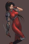  armor black_hair bodysuit breasts covered_nipples hair_ornament large_breasts long_hair naughty_face navel neongun ninja solo soulcalibur sword taki_(soulcalibur) tight weapon 