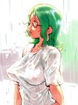  breasts glasses green_eyes green_hair igarasy large_breasts original rain see-through solo wet wet_clothes 