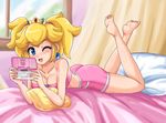  bare_feet barefoot bed breasts crown feet lying nintendo nintendo_ds pigtails princess_peach sigurdhosenfeld soles super_mario the_pose wink 