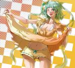  breasts cleavage copyright_request dress dress_lift green_hair halterneck long_hair medium_breasts one_eye_closed panties short_shorts shorts shorts_under_dress solo tanupo thong underwear upskirt very_long_hair wide_hips 