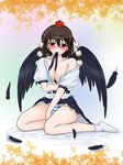  black_wings blush breasts brown_hair feathers hat kounoji looking_down medium_breasts mouth_hold open_clothes open_shirt panties shameimaru_aya shirt short_hair skirt solo striped striped_panties touhou underwear wings 