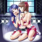  amami_haruka amane_(funfun) bangs bare_shoulders belt blue_hair boots bow breast_grab breasts brown_eyes brown_hair choker collarbone cool_&amp;_sexy_(idolmaster) grabbing green_eyes hair_bow hands_up idolmaster idolmaster_(classic) idolmaster_live_for_you! kisaragi_chihaya kneeling long_hair looking_at_another medium_breasts midriff multiple_girls navel nipples open_mouth red_bow short_hair small_breasts spotlight tongue tongue_out window yuri 