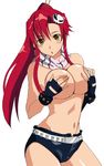  belt blush breasts covering covering_breasts fingerless_gloves gloves kamimiya large_breasts long_hair looking_at_viewer ponytail red_hair scarf short_shorts shorts solo striped striped_scarf studded_belt tengen_toppa_gurren_lagann topless yellow_eyes yoko_littner 