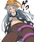  black_legwear blush crotch_seam dress dress_lift eruka_frog from_below hitagiri long_hair navel panties panties_under_pantyhose pantyhose silver_hair snake solo soul_eater sweat translated underwear 