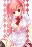  absurdres bra breasts hair_ribbon highres large_breasts lingerie long_hair open_clothes open_shirt panties pink_hair red_eyes ribbon shirahane_nao shirt solo striped striped_panties thighhighs twintails underwear 