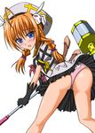  ahoge ass back-print_panties blue_eyes blush embarrassed flat_chest gloves graf_eisen hat long_hair looking_back lyrical_nanoha mahou_shoujo_lyrical_nanoha_strikers open_mouth orange_hair panties pantyshot pink_panties print_panties skirt skirt_lift solo taana underwear vita weapon 