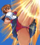  ass blue_sailor_collar brown_eyes brown_hair buruma headband kasugano_sakura kicking lowres matoyama oekaki sailor_collar school_uniform serafuku short_hair skirt solo street_fighter thighs 