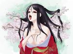  areola_slip areolae bad_id bad_pixiv_id bare_shoulders black_hair breasts cherry_blossoms janome_gochou japanese_clothes kimono large_breasts long_hair off_shoulder original petals solo tongue 