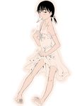  black_hair blush dress dress_pull flat_chest food gusu hot melting monochrome mouth_hold nipples original pigeon-toed pink popsicle pulled_by_self sandals sepia short_twintails simple_background solo strap_slip tan tanline twintails white_background 