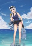  1girl absurdres aircraft airplane assault_rifle backpack bag blush camouflage cloud commentary dated gloves goggles goggles_on_head gun highres himmelstern holding_backpack jet ocean orange_eyes original rifle school_swimsuit signature silver_hair sky solo swimsuit wading watch water weapon weapon_request wet wristwatch 