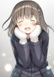  1girl :d ^_^ black_coat blush braid brown_hair closed_eyes commentary_request eyes_closed facing_viewer gradient gradient_background grey_background hands_on_own_cheeks hands_on_own_face hands_up kurata_rine long_hair long_sleeves mittens open_mouth original smile solo upper_body white_mittens 