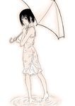  ass back bare_shoulders barefoot black_hair blush brown_eyes feet gusu looking_back monochrome original pink see-through sepia short_hair solo spot_color umbrella wet wet_clothes 