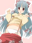  bad_id bad_pixiv_id bangs bow fujiwara_no_mokou highres long_hair midriff ofuda panties pants red_eyes shouji_ayumu silver_hair solo touhou underwear 