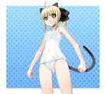  animal_ears artoria_pendragon_(all) blonde_hair blush fate/stay_night fate/unlimited_codes fate_(series) green_eyes hair_ribbon one-piece_swimsuit ponytail ribbon saber saber_lily school_swimsuit solo sugar_(sugarless) swimsuit tail wet white_school_swimsuit white_swimsuit 