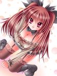  :d black_legwear blush boots breasts cleavage dress garter_straps hair_ribbon knee_boots kneeling kogarashi_(wind_of_winter) large_breasts long_hair open_mouth original red_eyes red_hair ribbon smile solo thighhighs twintails 