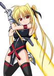  ahoge armpits bardiche blonde_hair blush energy_sword fate_testarossa gauntlets loincloth long_hair lyrical_nanoha mahou_shoujo_lyrical_nanoha_strikers red_eyes smile solo strap sword taana thighhighs twintails weapon 