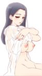  black_hair bottomless breasts green_eyes jewelry kuroda_akimi large_breasts long_hair mature nipples open_clothes original ring sitting solo wedding_band wet wet_clothes 